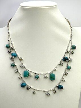 Chico’s Layered Turquoise Tone Necklace Silver Dangle Bead Coastal Boho Luxe